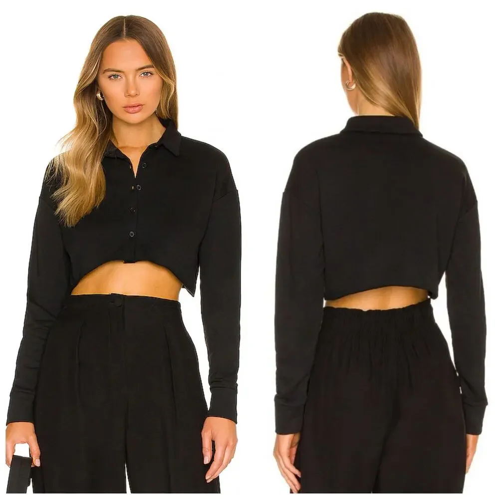 Revolve All The Ways Mia Crop Sweatshirt Size Medium Black Button Front Classic